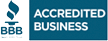 A blue and white logo for accredited business.