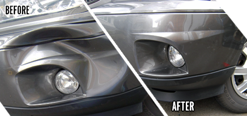 A before and after picture of the front end of a car.