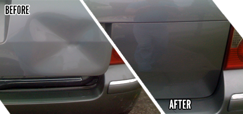 A before and after picture of the back end of a car.