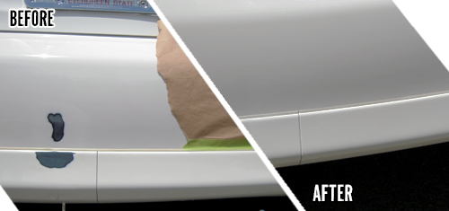 A before and after photo of the side of a car.