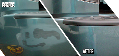 A before and after picture of the side of a car.