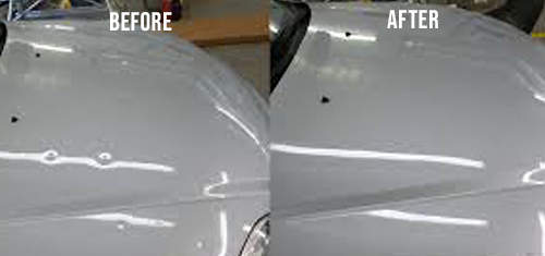 A before and after picture of the paint job on this car.