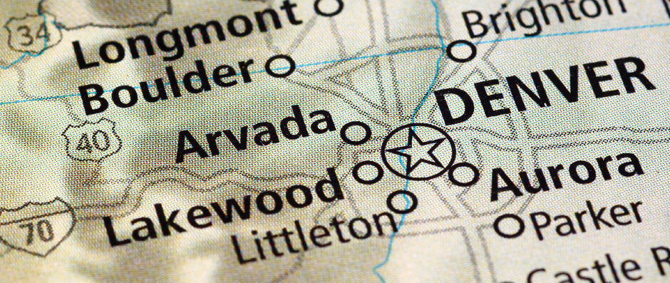 A close up of the map of arvada